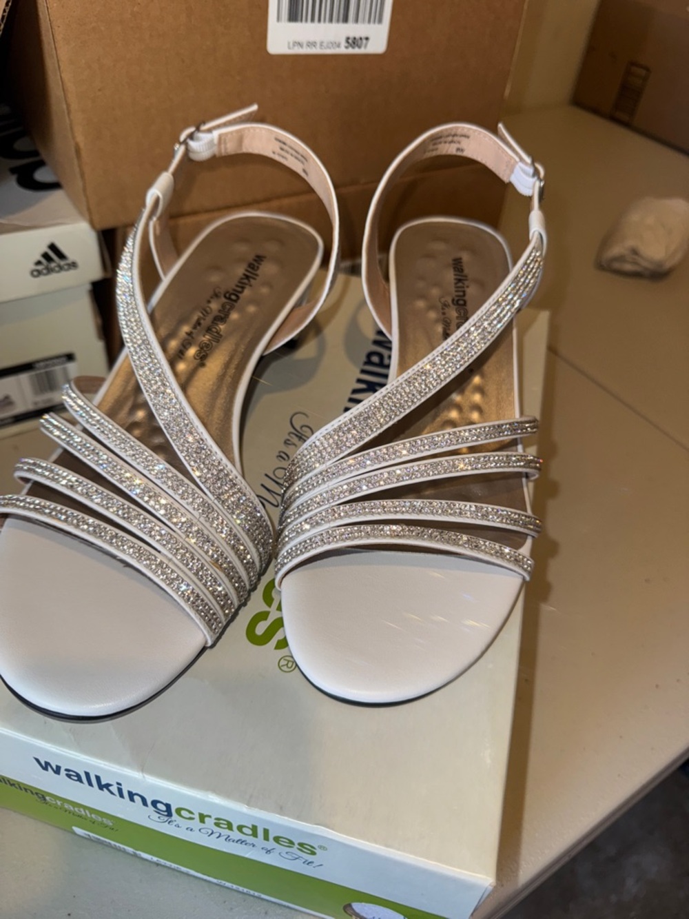 Walking Cradles White Rhinestone Strappy Slingback Sandals